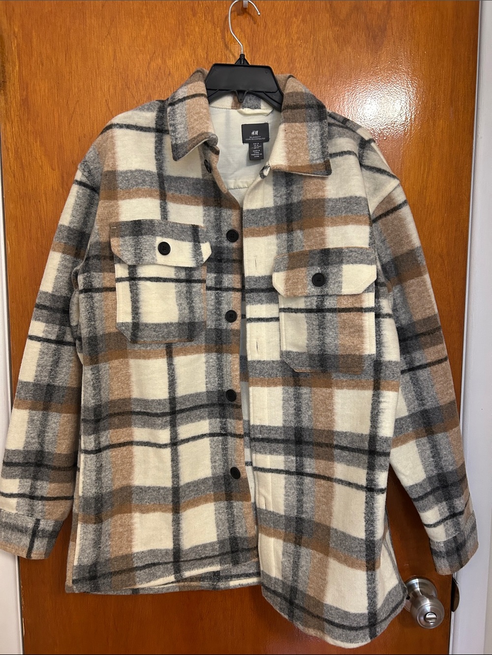 H&M Cream Plaid Utility Shacket with Brown & Gray Checks